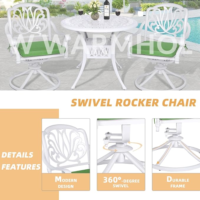 5 Piece Patio Dining Set, Outdoor Table and Chairs Set for 4 Cushioned Swivel Rocking Chairs and 35.4'' Round Table, All-Weather Cast Aluminum Patio Funiture Set, 2'' Umbrella Hole, White