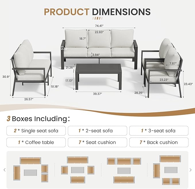 Aluminum Patio Conversation Set 5 Pieces Metal Deck Outdoor Furniture 7-Seat All-Weather Rust-Proof Sectional Sofa Set with Removable Cushion for Balcony, Yard, Poolside & Small Spaces