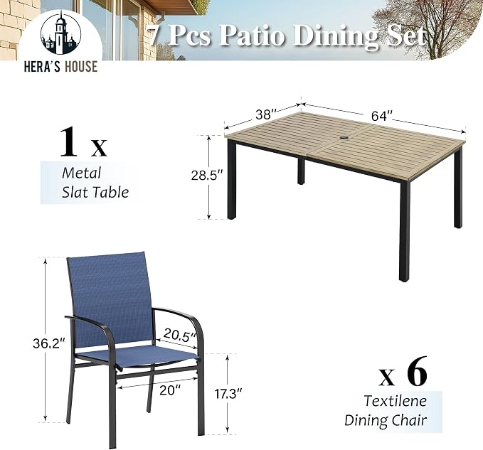 HERA'S HOUSE 7pc Outdoor Patio Dining Set, Wood-Look Metal Table, Blue | 64" rectangular table with umbrella hole, 6 textilene chairs. Waterproof, rust-resistant, all-weather for backyard, porch