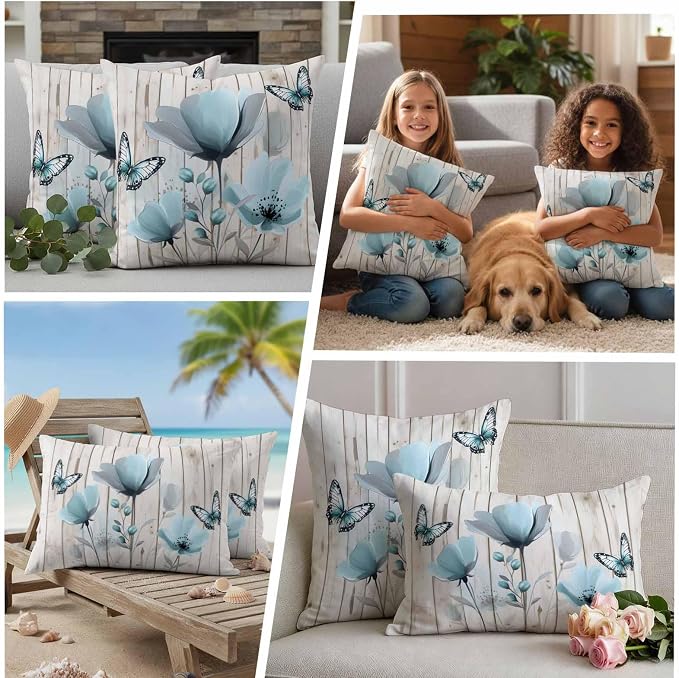 Blue Tulip Waterproof Outdoor Pillow Covers Set of 2 Home Decor, Country Spring Butterfly Floral Wooden Grain Pillowcase Patio Pillow Covers for Couch Bench Furniture Garden 24x24in