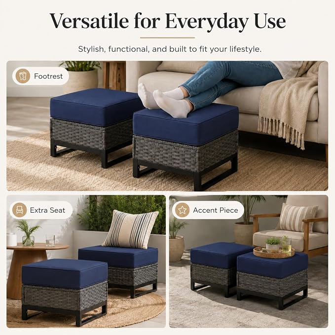 Outdoor Ottomans Set of 2, PE Wicker Patio Footstools with Removable Cushions, All-Weather Rattan Outdoor Ottoman Set for Patio, Backyard, Garden, Porch, Blue