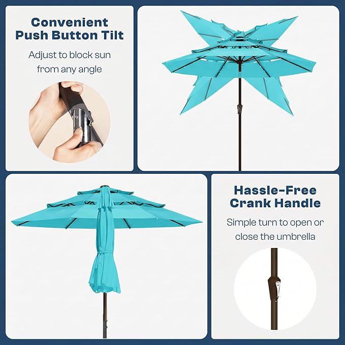 10ft 3 Tier Patio Umbrella, Outdoor Market Table Umbrella with UPF 50+ Vented Canopy, 8 Sturdy Ribs, Easy Push Button Tilt and Crank, Windproof for Deck, Pool, Backyard and Garden