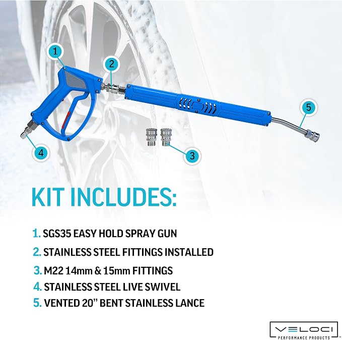 MTM Hydro Acqualine Kit 16 Pressure Washer 20” Extension Wand and SGS35 Spray Gun High Pressure Sprayer with Live Swivel 5000 PSI for Car Wash and Auto Detailing Commercial Grade