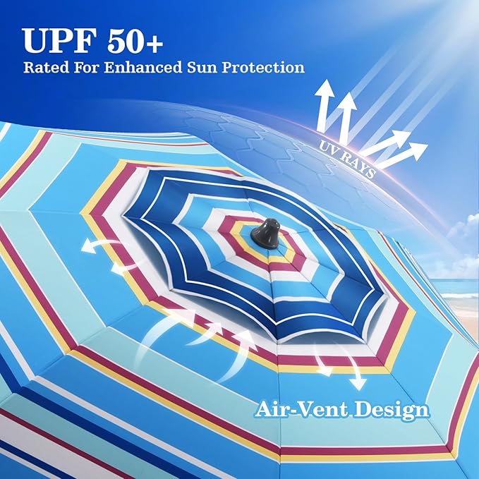 UIRWAY Beach Umbrella, Heavy Duty Windproof Beach Umbrellas with Sand Anchor & Tilt, Sun Protection Portable Beach Umbrella with Carrying Bag for Beach, Patio Garden Pool Outdoor