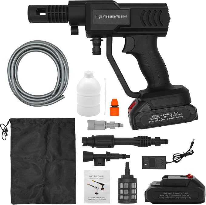 Cordless Pressure Washer, Battery Powered Pressure Washer with 5M Hose, Adjustable Spray Nozzle Portable Power Washer, Cordless Power Washer for Car/Garden/Floor, 2x1.5 Ah Battery