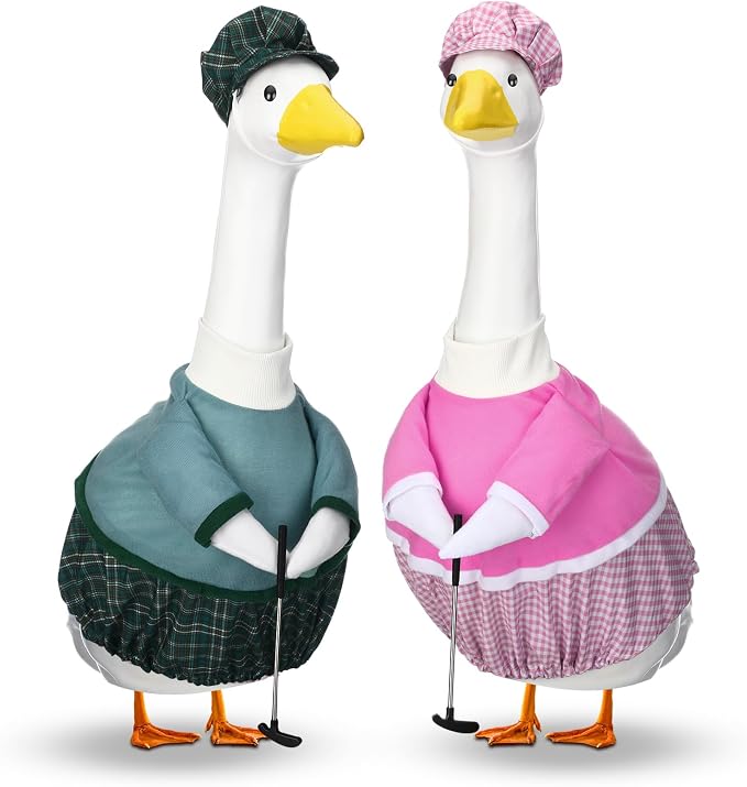 Abbylike 2 Set Golfer Porch Goose Outfit Teeing Off Golfer Goose Costume Clothes Fit 23" Lawn Geese Statue with Golf Clubs and Pins for Outdoor Yard Garden Patio Statue Art Decor