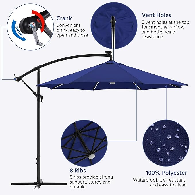 Yaheetech 10 FT Solar Powered LED Patio Umbrella Outdoor Cantilever Umbrella, UV Protection & Windproof, Offset Hanging Sunshade w/Strip Lights & Hub Light for Backyard Garden Pool