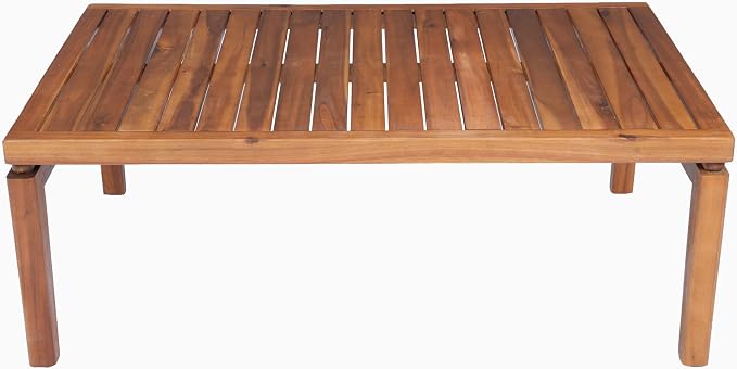 Merax Patio Outdoor Acacia Wood Round Coffee Table for Backyard, Lawn, Balcony, Easy Assemble, Slatted Top, Teak+ Beige