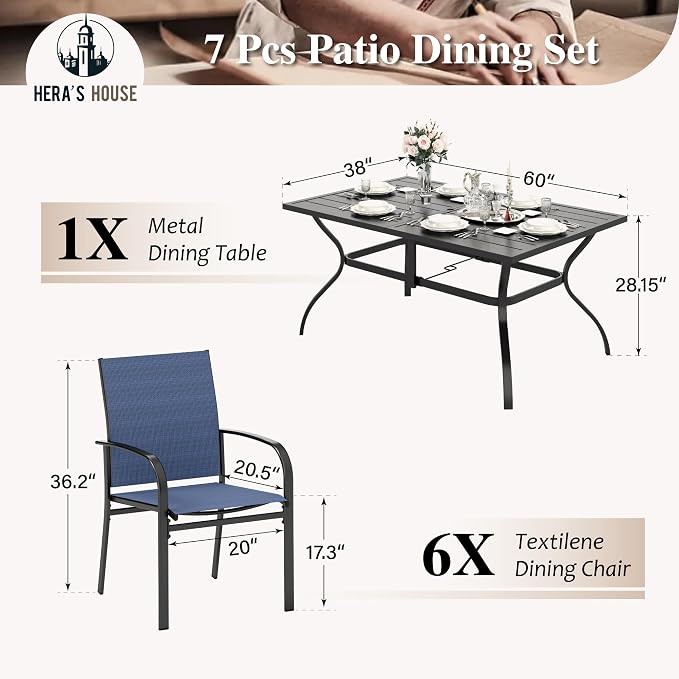 HERA'S HOUSE 7pc Patio Dining Set, 60" Metal Table, Textilene Chairs | Rectangular table with umbrella hole+ 6 blue chairs. Waterproof, rust-resistant, all-weather for backyard, porch