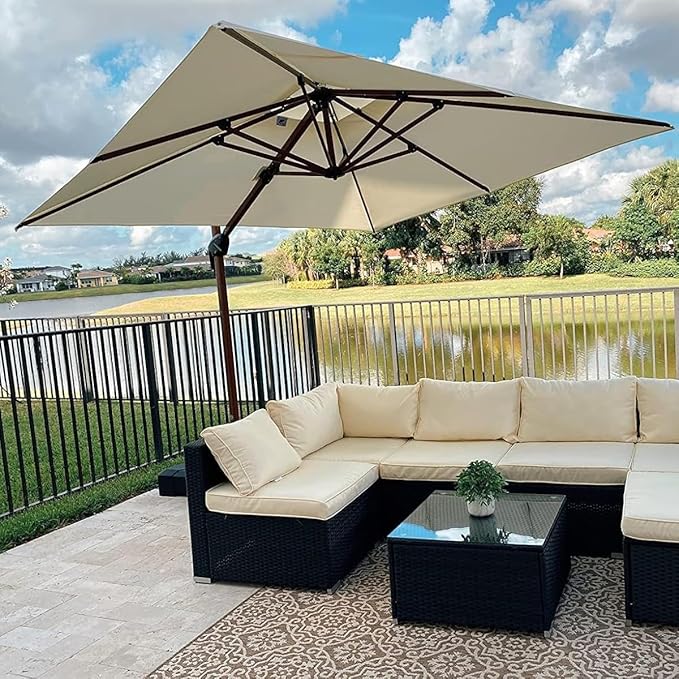 PURPLE LEAF 9ft Patio Umbrella Outdoor Square Umbrellas Large Cantilever Umbrella Windproof Offset Umbrellas Heavy Duty Sun Umbrella for Garden Deck Pool Patio, Cream