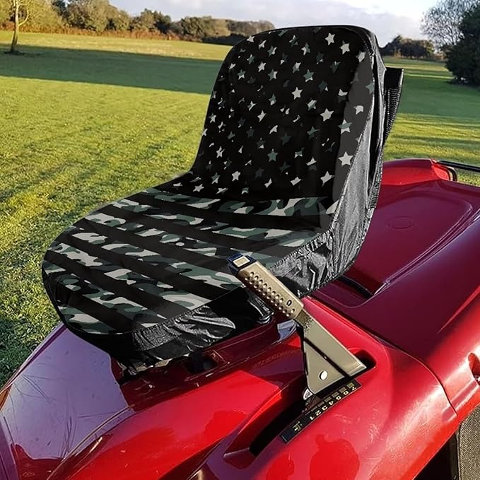 Camo Flag Lawn Mower Seat Cover Adjustable Tractor Seat Pads with Pocket,Durable Riding Lawn Mower Cushion Waterproof Heavy Duty