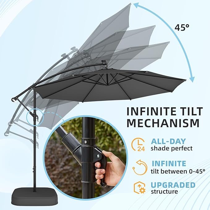 EROMMY 10FT Patio Umbrella with Base Included, Outdoor Offset Cantilever Umbrella, Infinite Tilt, Crank and Cross Base, UV Protection for Backyard, Lawn, Garden & Pool