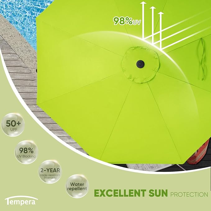 Tempera Patio Market Outdoor Table Umbrella with Push Button Tilt and Crank, Large Sun Umbrella with Sturdy Pole & Fade Resistant Canopy, Easy to Set