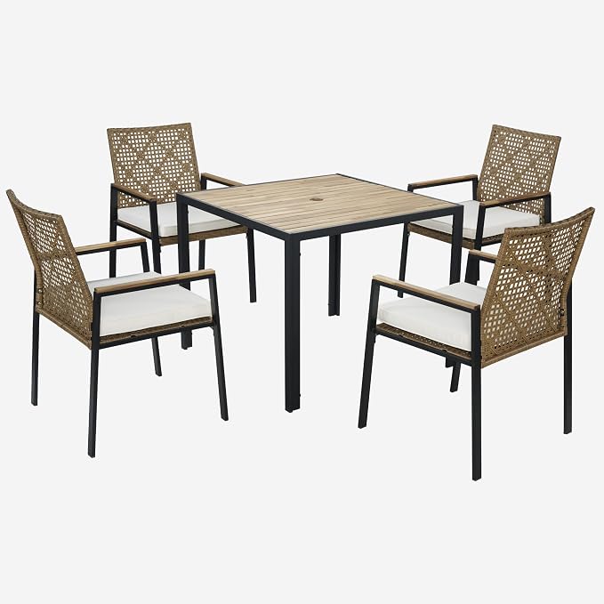 BEEFURNI Wicker Patio Furniture Dining Set, Outdoor Patio Table and Chairs Set, Rattan Outdoor Furniture Set, Acacia Wood Table, Chairs, Weather Proof Set for Porch, Backyard (Brown) (Brown, 5 PCS)