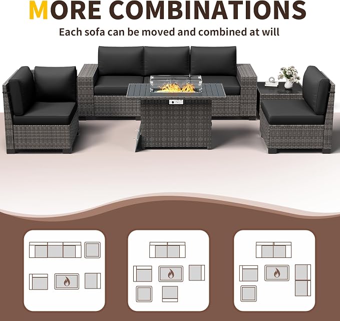 Outdoor Patio Furniture Set with Fire Pit Table, Wide Outdoor Sectional Rattan Sofa Set, Wicker Patio Conversation Set w/Cover for Deck, Poolside, Porch, 7 PC (Grey & Black)