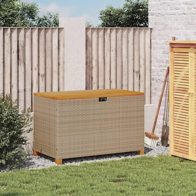 Patio Storage Box Beige 43.3"x21.7"x24.8" Poly Rattan Acacia Wood, Patio Storage Boxes