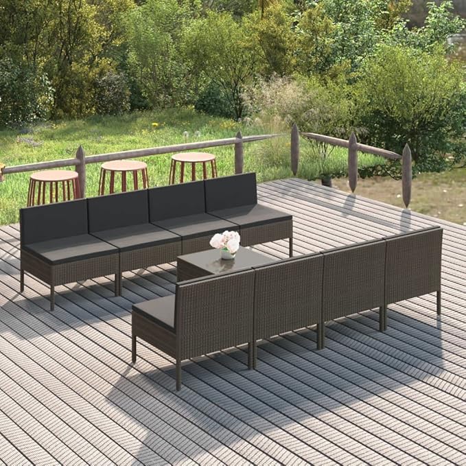 9 Piece Patio Lounge Set with Cushions,Patio Sofa,Outdoor Daybed,Outdoor Furniture Sets,Patio Seating,Patio Conversation Sets,Modern Set,Patio Furniture Set,Front Porch Furniture, Poly Rattan Gray