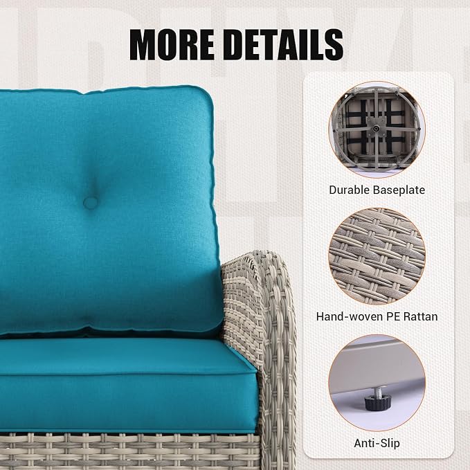 14-Piece Outdoor Patio Furniture Set with Rocking Swivel Chair, Wicker Rattan Sectional Sofa Conversation Set with 55,000 BTU Fire Pit Table, Backyard Furniture, Turquoise