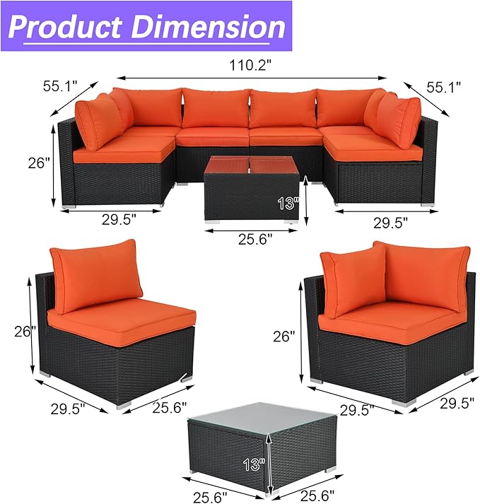 7 Piece Outdoor Patio Furniture Sets, Orange Patio Sectional Furniture All-Weather PE Rattan Sectional Sofa, Outdoor Wicker Conversatin Set w Glass Coffee Table for Backyard, Garden, Porch