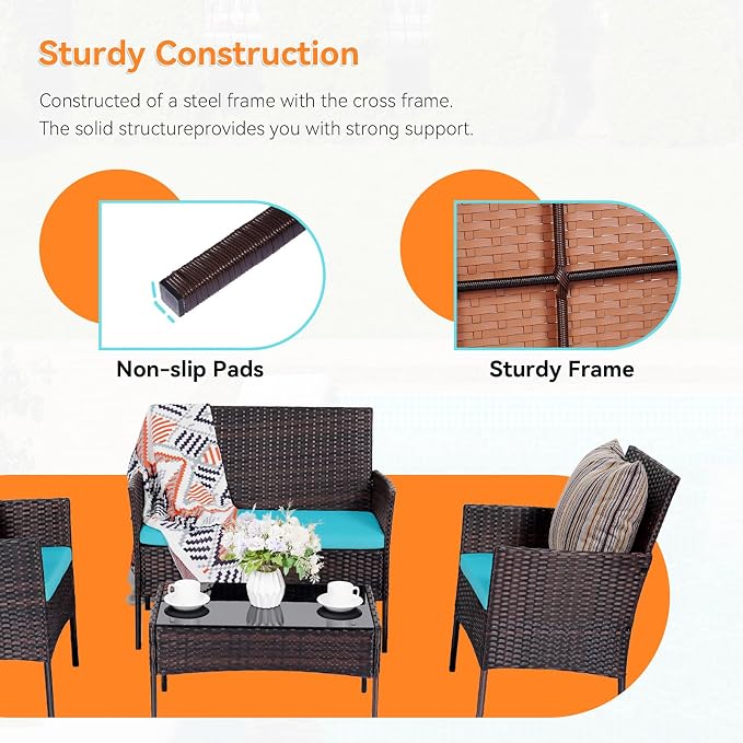 Patio Furniture Set, Outdoor Furniture Set 4 Pieces Patio Conversation Set PE Rattan Chair with Cushion Tempered Glass Table Garden Balcony Sets for Yard Pool Backyard Brown/Blue