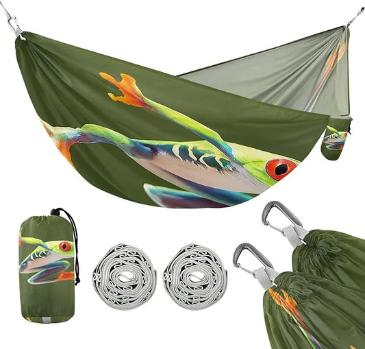 Red Eyed Tree Frog Camping Hammock, Portable Lightweight Single Hammock with Tree Straps and Aluminum Carabiners, 114" x 54" Travel Hammock for Hiking Backpacking Beach
