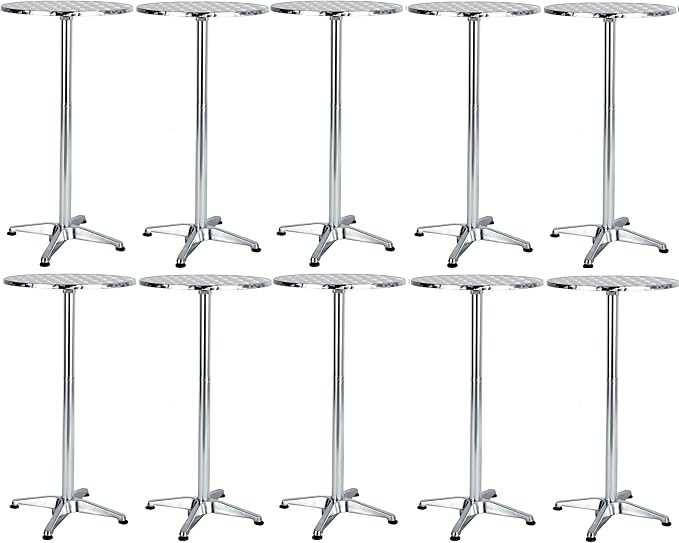 BTEXPERT Set of 10 Commercial 45-Inch Bar Height Round Patio Tables – 23.75" Diameter Aluminum Flip Top Tables with 25.75" Base – Indoor Outdoor Stainless Steel Silver Restaurant Furniture