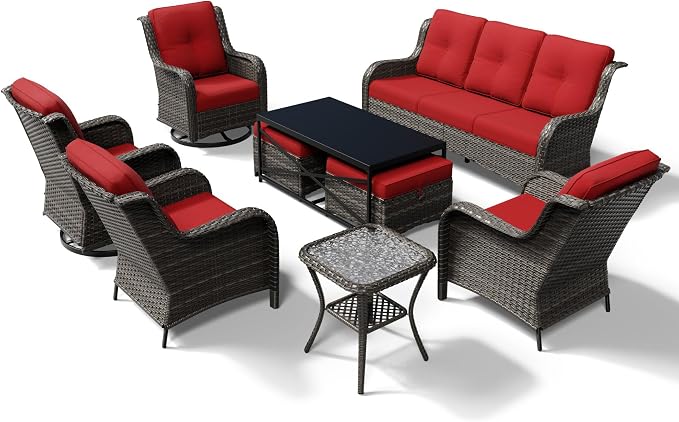 Joyside 9 Piece Wicker Patio Furniture Set, Outdoor Swivel Rocker Patio Chairs with High Back, Deep Seating, Wide Armrest, Thickened Cushions, Outdoor Furniture for Deck, Porch Use