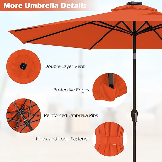 Giantex 9ft/10ft Outdoor Patio umbrella with Solar Lights, Table Market Umbrella with Crank and Push-button Tilt System, Solar LED Lighted Patio Umbrella for Backyard Deck Pool Beach