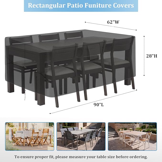 RICHIE Patio Furniture Covers - 600D Heavy Duty Waterproof Rectangle Table Cover, Lawn Furniture Set Covers for Outside Dining Table and Chairs Seating 90"L x 62"W x 28"H