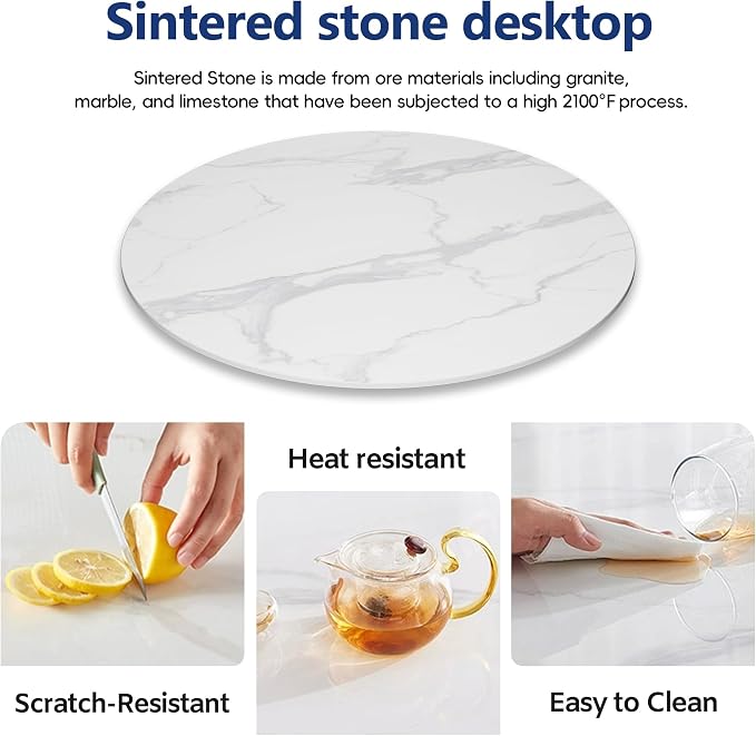 ZL ZELing Round Sintered Stone Table Top 39.3",Replacement Table Top for Indoor & Outdoor - Heat/Scratch Resistant Waterproof Ceramic DIY Desktop,Patio/Balcony/Bistro/Café & Dining Room (White)