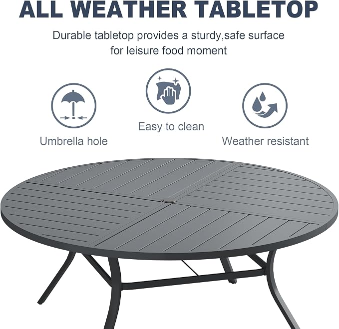 VICLLAX Patio 9 Pieces Outdoor Dining Set, 60" Round Metal Table with Umbrella Hole and 8 Swivel Textilene Chairs for Lawn, Garden, Porch, Dark Grey/Grey