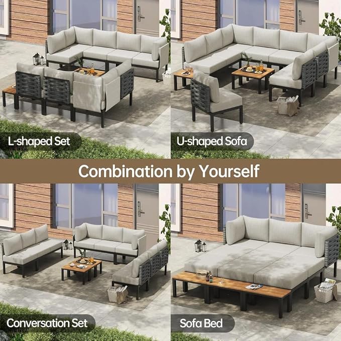 PIZZELLO 12 Pieces Outdoor Patio Furniture w/ 6" Thick Cushion, U-Shaped Sofa Set, All Weather Sectional Conversation Modular Couch for Garden, Deck, Lawn