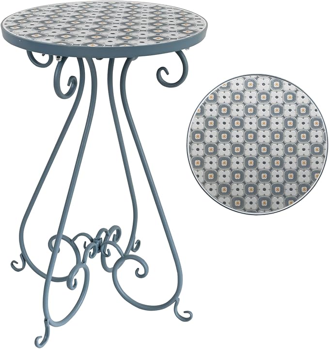 Vintage Outdoor Side Table Round Mosaic Ceramic Tile Top 14" Diameter Metal Plant Stand for Flower Pots Vase Garden Home Porch Pool Indoor Decor Weather Resistant Outside Patio Accent End Furniture