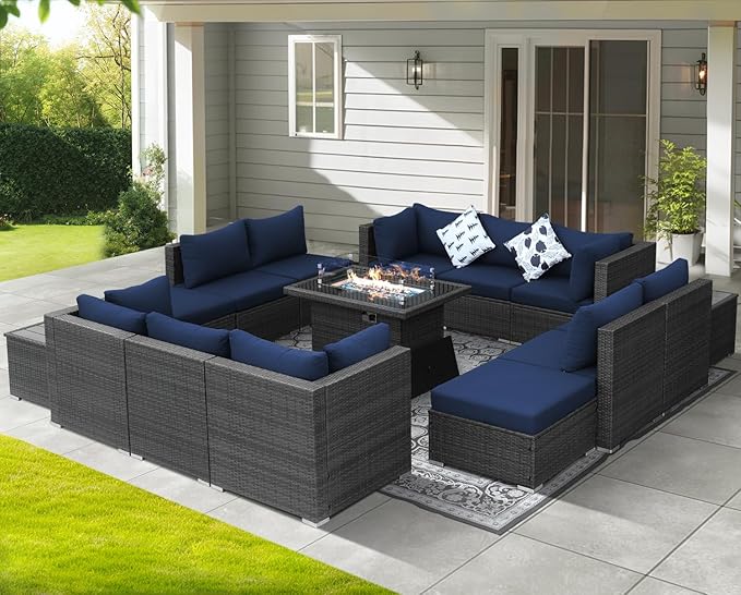 NICESOUL 15 Piece Outdoor Sectional with Fire Pit Table, Modern Luxury Patio Deep Seating w/Firepit, 29.3'' High-Back Wicker Couch Thick, Big High-Weight Capacity Sofa for Terrace, Yard, Gray & Blue