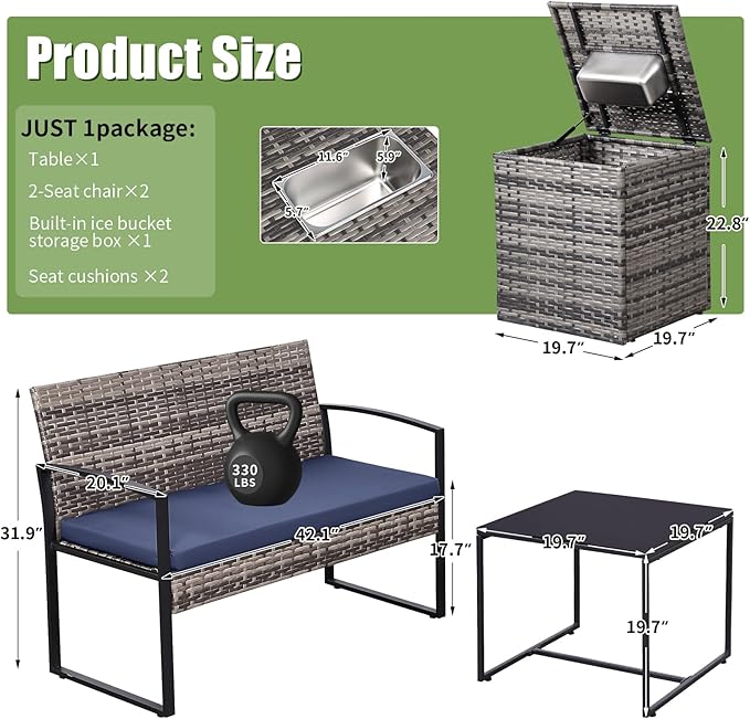 FHFO 5 Piece Outdoor Patio Furniture Set with 28”Gas Fire Pit Table & Ice Bucket Storage Box, Outdoor Wicker Rattan Patio Conversation Set for Outside, Poolside, Balcony, Porch, Grey-Blue
