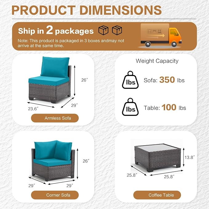 MOCHITO 7 Pcs Outdoor Patio Furniture Sets Brown Rattan Turk Blue Cushions | All-Weather Sectional Sofa, with Glass Table, PE Rattan Wicker Patio Furniture , Washable Cushions, for Balcony Porch Garden