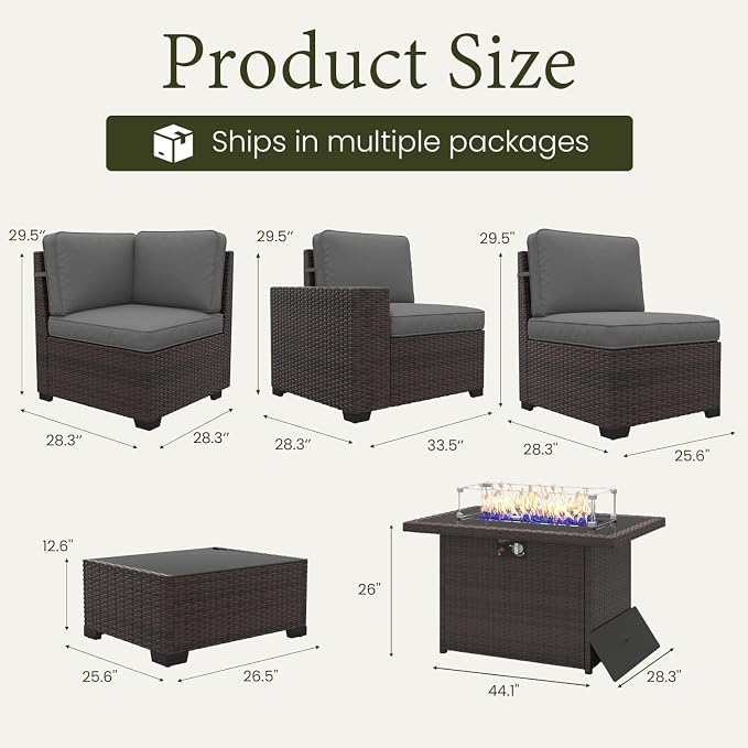 LayinSun 13 Pieces Outdoor Patio Furniture Set with 44" Fire Pit Table Brown Rattan Sectional Sofa Conversation Sets