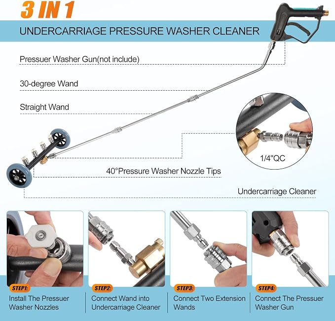 3-in-1 Under Carriage Pressure Washer Attachment, 16 Inch Pressure Washer Undercarriage Cleaner and Water Broom for Power Washer Surface Cleaner with 3 Extension Wands and 8 Nozzles