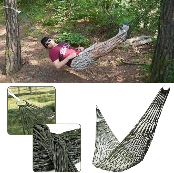 Outdoor Travel Camping Sport Hammock, Outdoor Sport Hammock Net Mesh Nylon Rope Sleeping Bed Swing with Hooks for Garden Beach Yard Travel (Army Green)