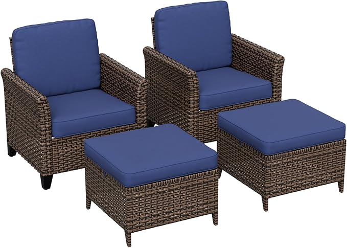 COOS BAY Harbor Retreat 4 Piece Outdoor Furniture Set, Patio Conversation Set with Patio Chairs and Ottomans, Wicker Furniture, Brown/Blue