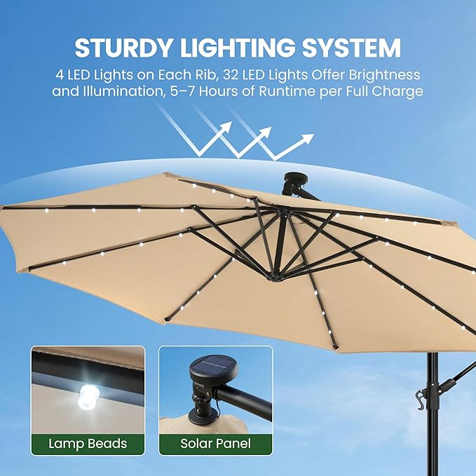 OLILAWN 10 feet Solar LED Patio Umbrella with Base, 32 LED Lighted Outdoor Offset Cantilever Umbrella with Sturdy 8 Rids, Infinite Tilt, 360 Degree Rotation, for Pool Deck Porch Backyard Garden, Isabelline