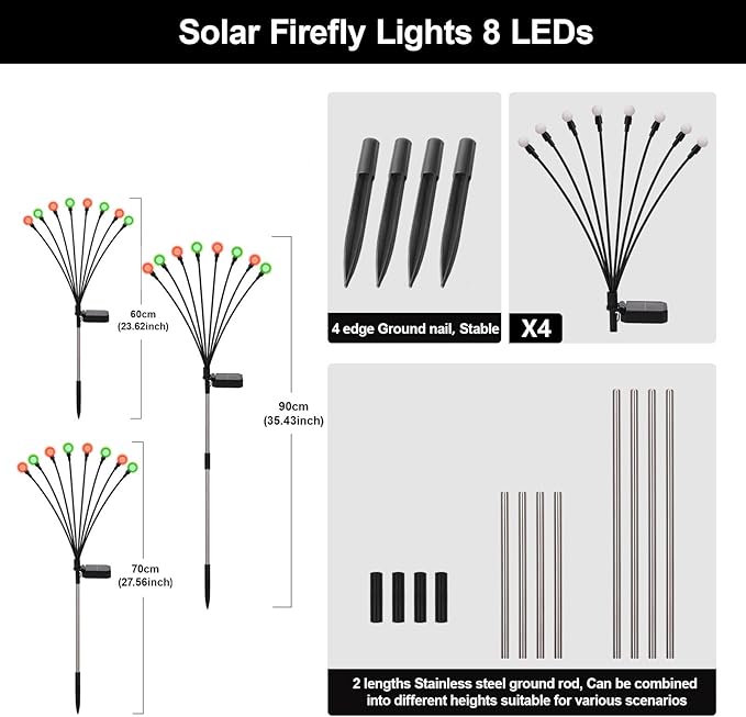 Solar Firefly Lights Outdoor, 8 Modes Red and Green Swaying Firefly Solar Garden Lights Waterproof for Outside Christmas Holiday Yard Patio Pathway Landscape Garden Decor(Red & Green 4 Pack)