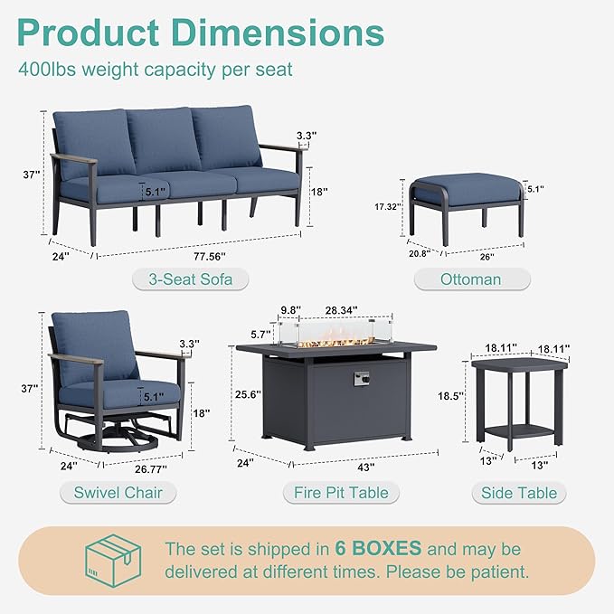 9-Seat Outdoor Patio Furniture Set with Rocking Swivel Chairs, Aluminum Sectional Sofa with Ottomans Patio Conversation Set with 55,000 BTU Fire Pit Table & High Backrest, Navy Blue