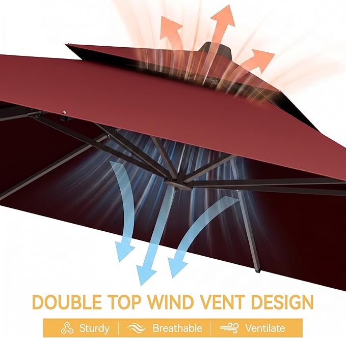 10x10 FT Patio Cantilever Umbrella (Base Not Included) (Base Not Included), Rectangular Heavy Duty Offset Umbrella for 6-8 People, 360°Rotation & Mult Tilt, Double Top Design, for Pool Garden Deck (Red)
