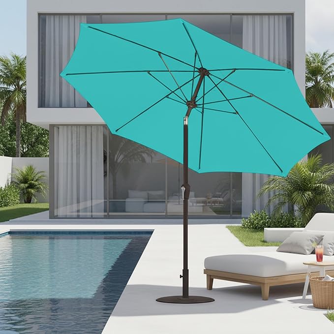 9ft Patio Umbrella with Push Button Tilt and Crank,Outdoor Market Table Umbrella UV Protection 8 Sturdy Ribs for Backyard,Garden,Pool,Deck(Peacock Blue)