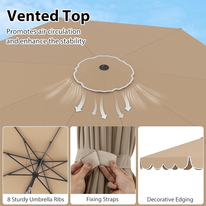HAPPYGRILL 10 FT Patio Umbrella, Market Table Umbrella w/Crank, Push Button Tilt, Ruffled Edges, Vented Top & 8 Ribs, Outdoor Sun Shade for Poolside Backyard Beach