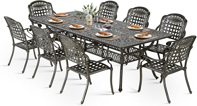 VIVIJASON 9-Piece Outdoor Dining Set, Cast Aluminum Retro Patio Furniture Table and Chairs Set for 8, Include Large 94.5" Rectangular Dining Table and 8 Chairs with Umbrella Hole for Balcony Garden