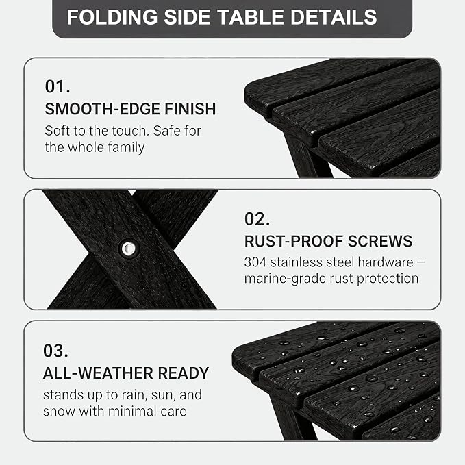 Folding Outdoor Side Table,Small HDPE Patio Table,All-Weather Compact Portable End Table for Patio,Porch,Pool,Black,11.8" D x 15.7" W x 15.7" H