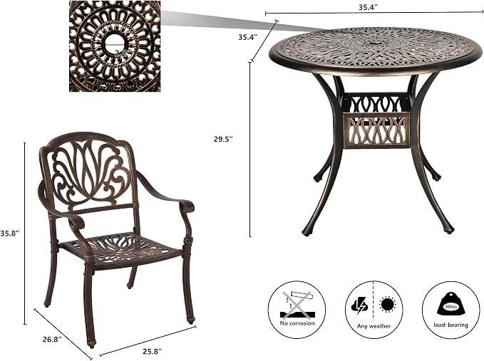 Grepatio 3 Piece Bistro Set Outdoor Cast Aluminum Patio Dining Set Table and Chairs Outside Bistro Furniture 2 Chairs and 1 Umbrella Table for Lawn Garden (Round Table and Chairs)