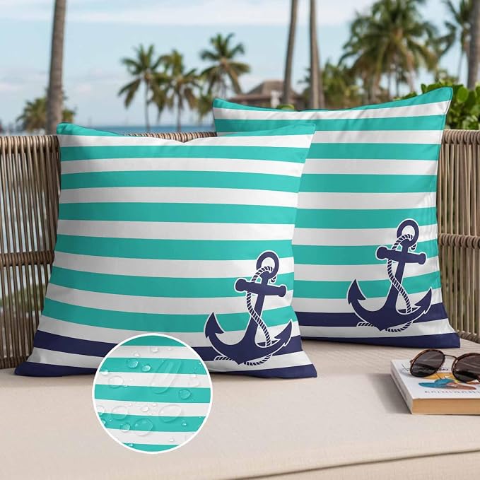 Throw Pillow Covers 24x24 Inch Set of 2, Anchor Turquoise Waterproof Outdoor Cushion Covers, Modern Navy Blue White Striped Nautical Decorative Pillowcases for Couch, Sofa, Bed, Garden, Patio